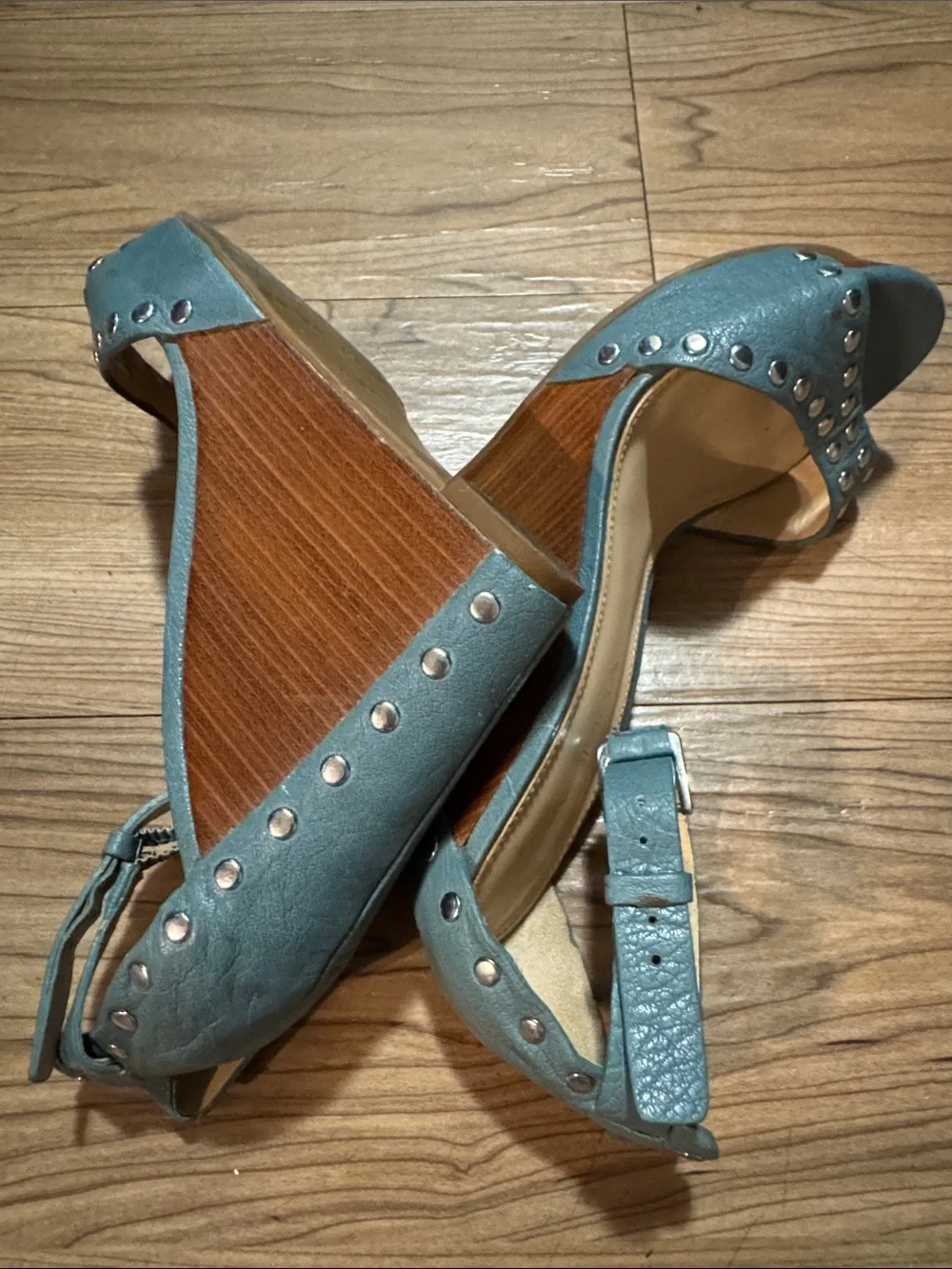 Via Spiga Teal Studded Ankle-Strap Heels